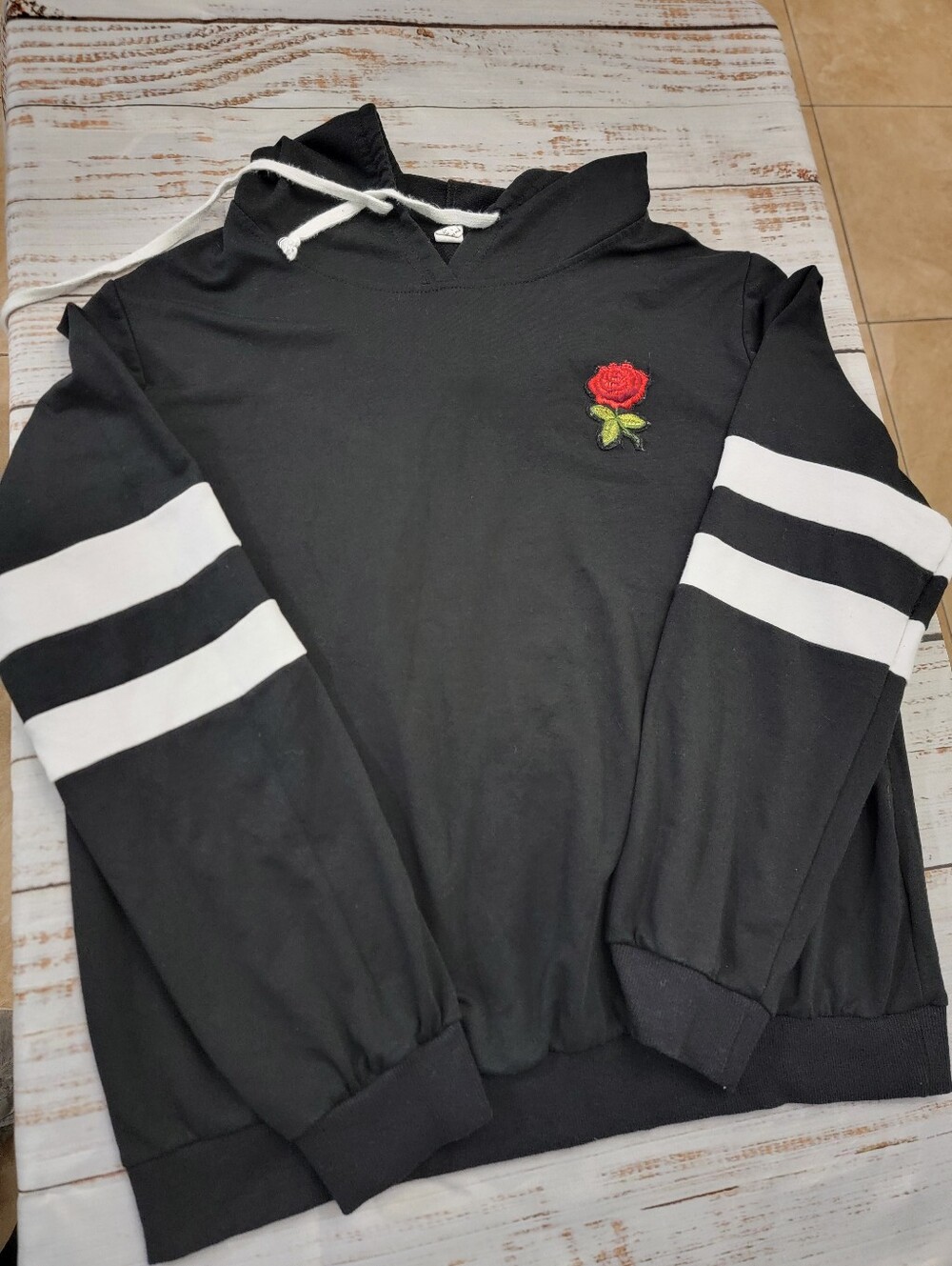Black Hoodie Sweater with Red Rose Embroidery